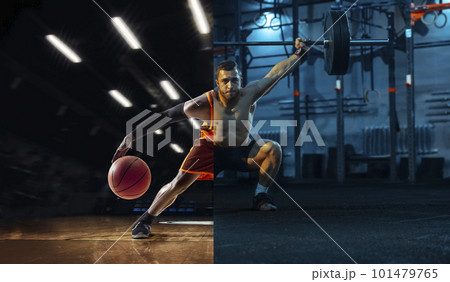 Composite image of bearded man doing different kinds of professional sport basketball, weightlifting over 3D model gym background 101479765