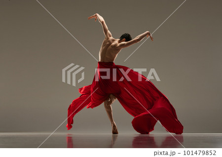 Impressive, artistic young man, professional ballet dancer dancing with red silk fabric against grey studio background Impressive, artistic young man, professional ballet dancer dancing with red silk fabric against grey studio background 101479852