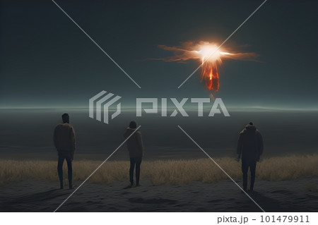 People watching a nuclear explosion in the distance on the horizon. Nuclear war. A fantastic apocalyptic landscape. People watching a nuclear explosion in the distance on the horizon. Nuclear war. A fantastic apocalyptic landscape. 101479911