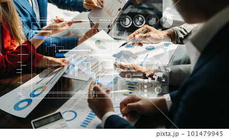Businessman hand Project manager working and update tasks and Gantt chart scheduling virtual diagram.with smart phone, tablet and laptop in office. 101479945