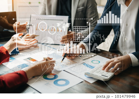 Financial report data of business operations balance sheet and income statement and diagram as Fintech concept.Business team meeting. digital tablet and computer laptop.. 101479946