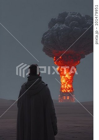 A lonely man looks at a nuclear explosion in the distance on the horizon. Nuclear war. A fantastic apocalyptic landscape. 101479951
