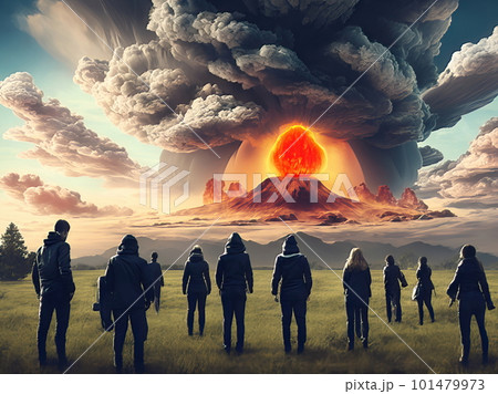 People watching a nuclear explosion in the distance on the horizon. Nuclear war. A fantastic apocalyptic landscape. People watching a nuclear explosion in the distance on the horizon. Nuclear war. A fantastic apocalyptic landscape. 101479973