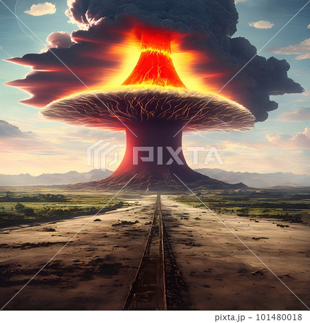 A nuclear explosion in the distance over the city. A fantastic apocalyptic landscape. 101480018