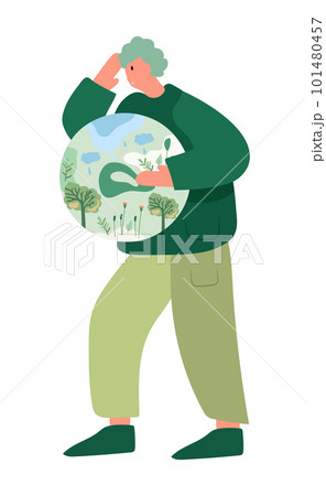Mother earth, man embracing our green planet. Earth Day and planet preservation.Global Warming and environmental safeguard power efficiency idea. Perfect for banner, card. Vector illustration. 101480457