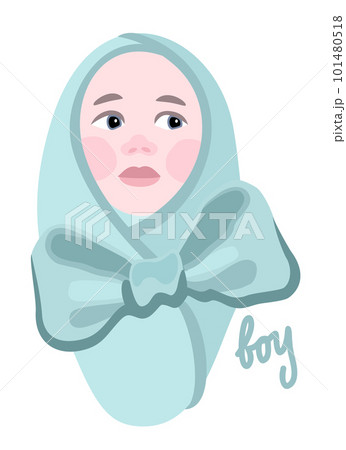 Newborn babyboy in blue blanket with ribbon. Vector isolated illustration with lettering. It's a boy. Birthday concept. Newborn babyboy in blue blanket with ribbon. Vector isolated illustration with lettering. It's a boy. Birthday concept. 101480518