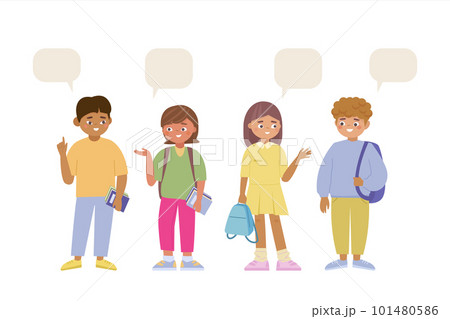 Happy cute group of kids boys and girls talking to each other. School friends have dialog. Multicultural friends 101480586
