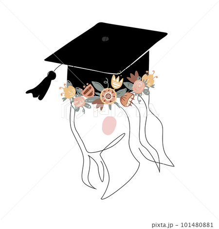 Cute girl silhouette in graduation cap decorated with doodle flower wreath. Happy graduate student. Scandinavian and continuous line style. Vector isolated illustration Cute girl silhouette in graduation cap decorated with doodle flower wreath. Happy graduate student. Scandinavian and continuous line style. Vector isolated illustration 101480881