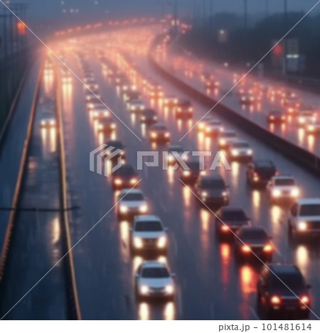 blurred Traffic jam heavy on highway on rainy day with raindrops on car glasses. blurred background, motion blur, 101481614