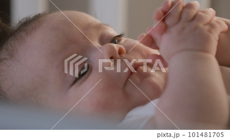 Portrait of newborn boy in child crib Portrait of newborn boy in child crib 101481705