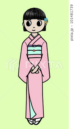 日本の着物を着た女の子のイラスト、小袖を着た女性のイラスト、日本の民族衣装を着た女性、伝統的な民族服 101481739