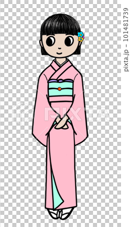日本の着物を着た女の子のイラスト、小袖を着た女性のイラスト、日本の民族衣装を着た女性、伝統的な民族服 101481739