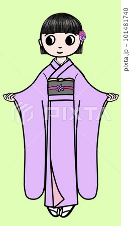 振袖を着た女の子のイラスト、日本の着物を着た女性のイラスト、日本の民族衣装を着た女性、伝統的な民族服 101481740
