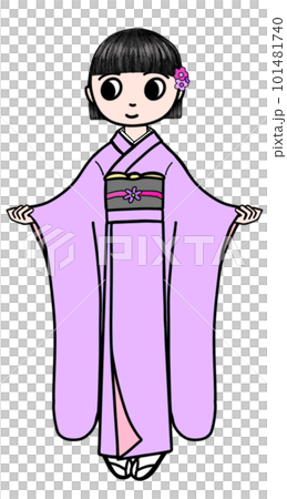 振袖を着た女の子のイラスト、日本の着物を着た女性のイラスト、日本の民族衣装を着た女性、伝統的な民族服 101481740