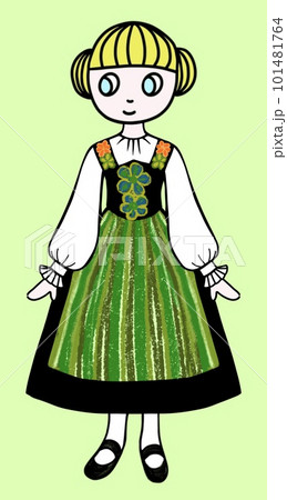 チロル地方の民族衣装を着た女の子、チロルの民族衣装、刺繍の入った