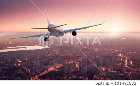 The plane flies against the backdrop of the city at sunrise 101481932