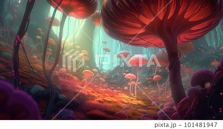Abstract forest with tall mushrooms and unusual plants 101481947