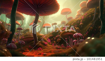 Abstract forest with tall mushrooms and unusual plants 101481951