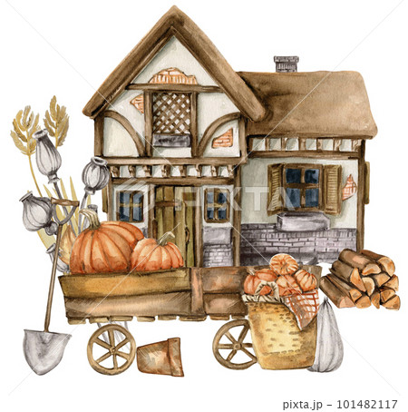 Watercolor illustration of an old country house . An old rusty enamel element. Hand-drawn in watercolour on a white background. Perfect for wedding invitation, greetings card, posters. Watercolor illustration of an old country house . An old rusty enamel element. Hand-drawn in watercolour on a white background. Perfect for wedding invitation, greetings card, posters. 101482117