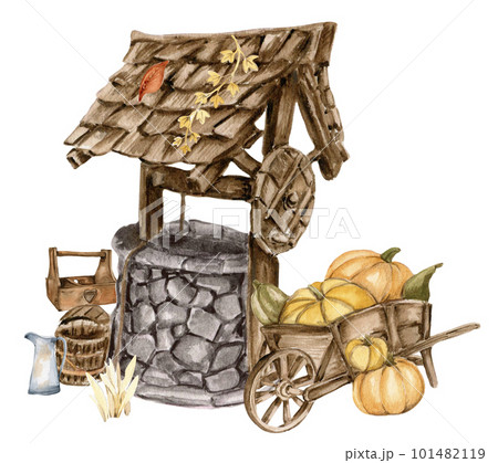 Watercolor illustration of an old country stone well . Hand-drawn in watercolour on a white background. Perfect for wedding invitation, greetings card, posters. 101482119