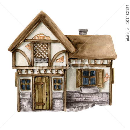 Watercolor illustration of an old country house . An old rusty enamel element. Hand-drawn in watercolour on a white background. Perfect for wedding invitation, greetings card, posters. 101482122