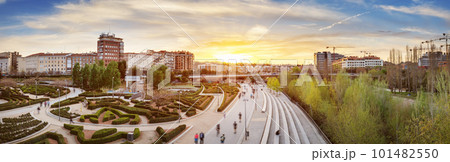 Panoramic top view of the park Madrid Rio from Puente de Toledo, Spain. 101482550