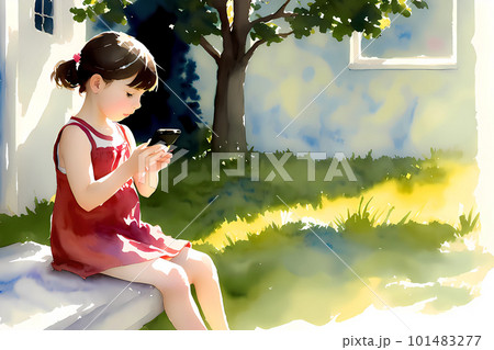 赤い服の少女 水彩画