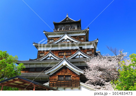 【広島県】桜が満開の広島城天守閣 101483473
