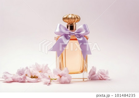 Perfume bottle with delicate cherry blossom and copy space. Generative AI 101484235