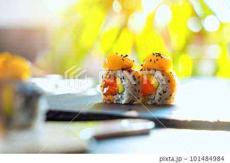 Close up of tasty japanese uramaki sushi with salmon 101484984
