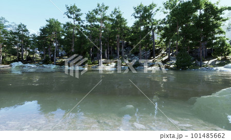 Blue water in a forest lake with pine trees 101485662