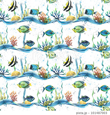 Tropical fish with sea waves, corals, algae and bubbles. Watercolor illustration. Seamless pattern. For fabric, textiles, prints, wallpaper, children's rooms and clothing, beach accessories 101487003