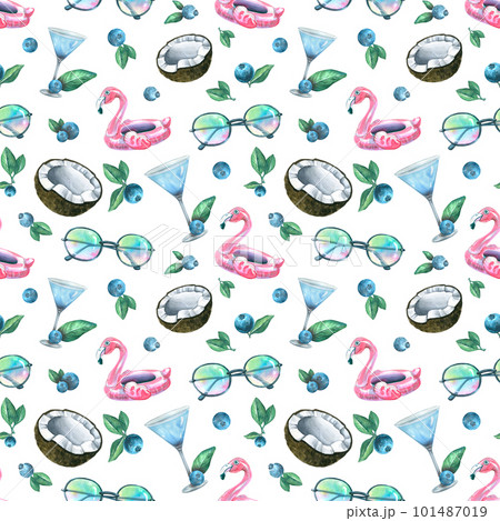 Tropical cocktails, coconuts, pink flamingos, blueberries, sunglasses. Watercolor illustration. Seamless pattern on a white background from the BEACH BAR collection. For fabric, textiles. Tropical cocktails, coconuts, pink flamingos, blueberries, sunglasses. Watercolor illustration. Seamless pattern on a white background from the BEACH BAR collection. For fabric, textiles. 101487019