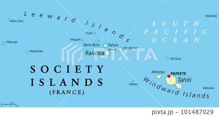 Society Islands, political map. Group of volcanic islands, in French Polynesia, an overseas collectivity of France, in the South Pacific Ocean. Archipelago, divided into Leeward and Windward Islands. 101487029
