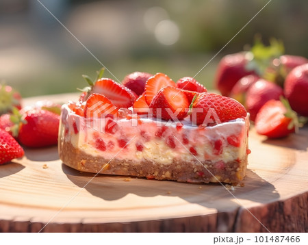 A piece of Yummy Strawberry Cheesecake on Wooden Background. Low Key Food Photo. Generative Ai 101487466