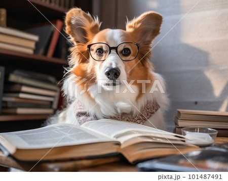 Smart Corgi Dog in Glasses is reading a Book. Book Lover Day. Generative Ai 101487491