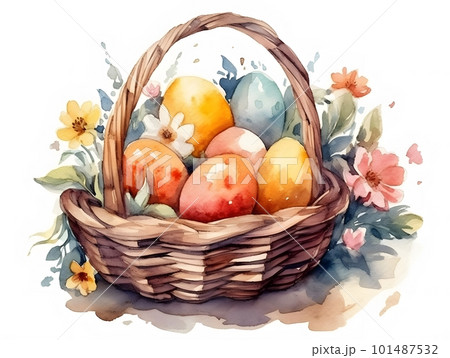 Beautiful Watercolor Illustration of Basket with Spring Flowers.Easter Illustration. Beautiful Watercolor Illustration of Basket with Spring Flowers.Easter Illustration. 101487532