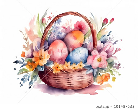 Beautiful Watercolor Illustration of Basket with Spring Flowers.Easter Illustration.  101487533