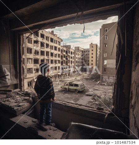 Lonely Boy is Standing and Looking at Destroyed City from Destroyed Window. War or Earthquake Concept. Generative Ai. Lonely Boy is Standing and Looking at Destroyed City from Destroyed Window. War or Earthquake Concept. Generative Ai. 101487534