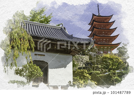 水彩画風　宮島　厳島神社　御文庫　広島県廿日市市 101487789