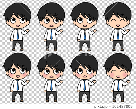 Full-body illustration of a black-haired man showing the right side Emotions and sorrows 4 facial expression set (+ cheek difference) 101487809