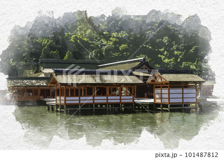 水彩画風　宮島　厳島神社　社殿　広島県廿日市市 101487812