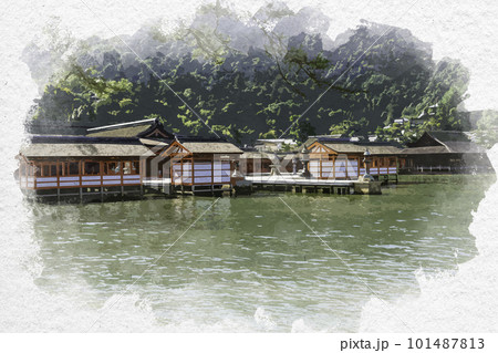 水彩画風　宮島　厳島神社　社殿　広島県廿日市市 101487813