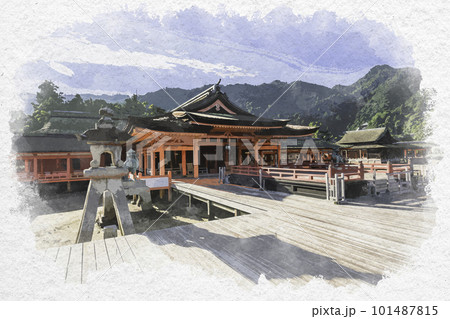 水彩画風　宮島　厳島神社　社殿　広島県廿日市市 101487815