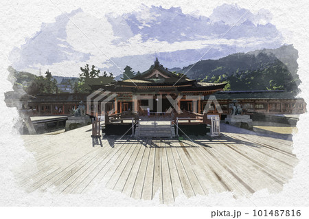 水彩画風　宮島　厳島神社　社殿　広島県廿日市市 101487816