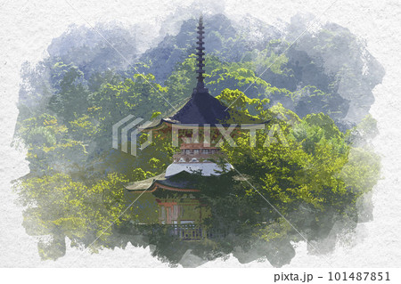 水彩画風　宮島　厳島神社　多宝塔　広島県廿日市市 101487851