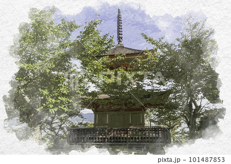 水彩画風　宮島　厳島神社　多宝塔　広島県廿日市市 101487853