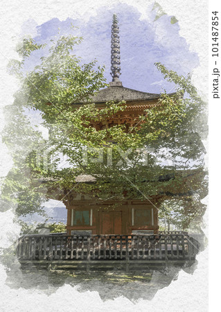 水彩画風　宮島　厳島神社　多宝塔　広島県廿日市市 101487854