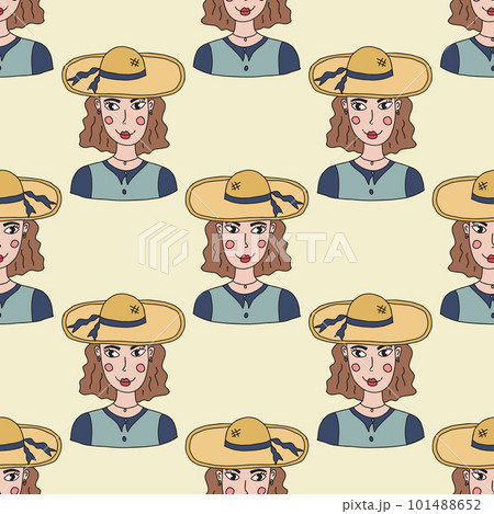 Cute cartoon abstract doodle girl portrait in the hat seamless pattern. Woman face background. 101488652
