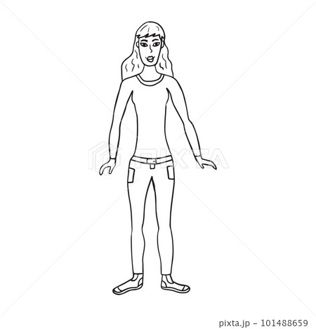 Doodle happy young lady. Woman isolated on white background. Doodle happy young lady. Woman isolated on white background. 101488659